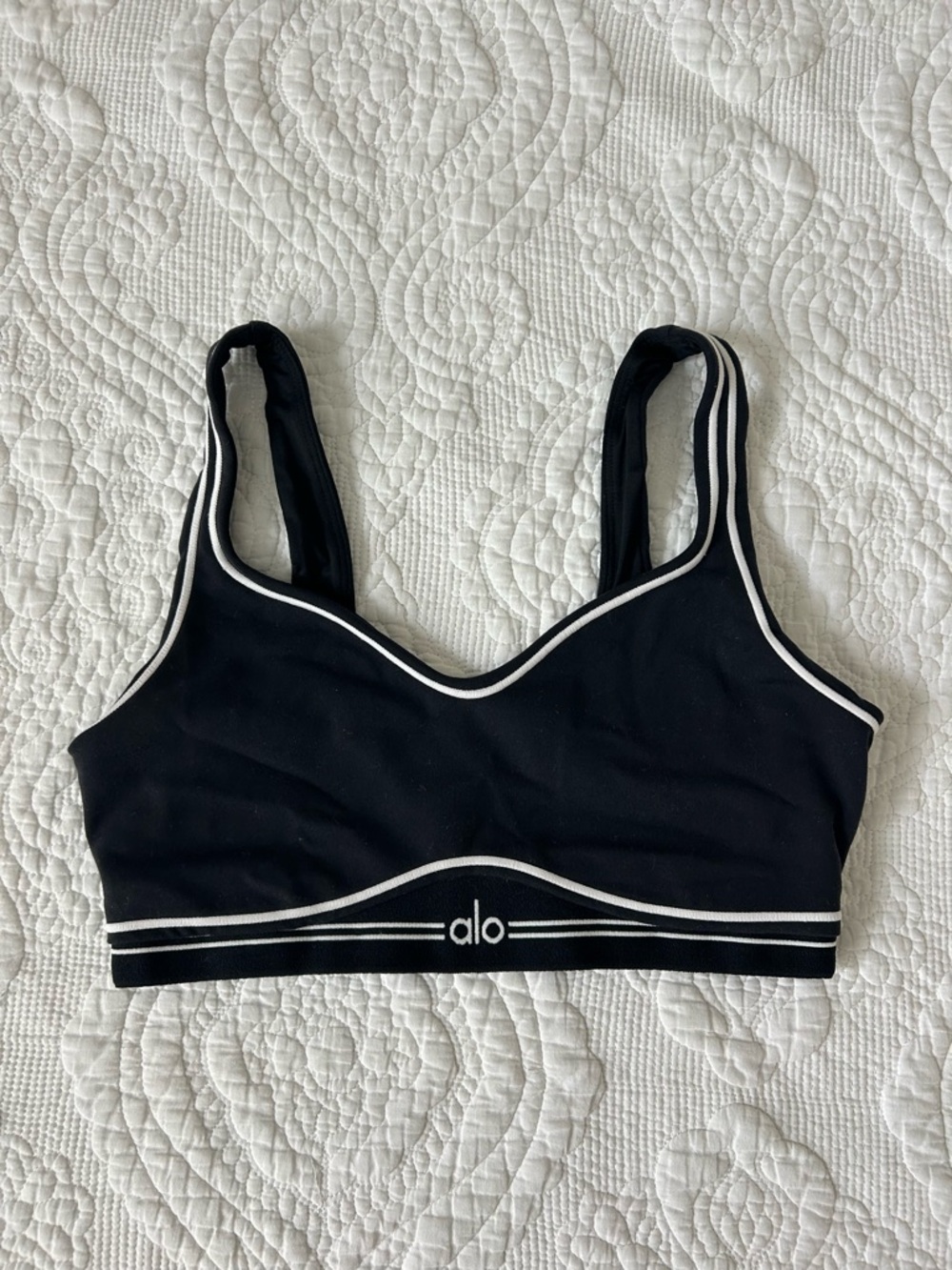 ALO Yoga Black Sports Bra with White Piping